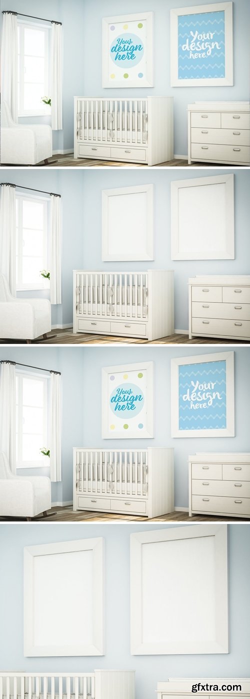 Two blank frames on blue baby room mockup