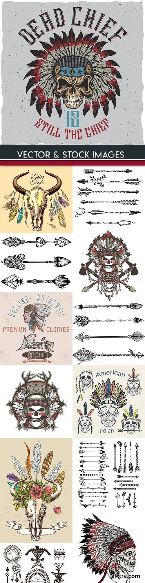 Indian skull and arrows hand drawn illustration