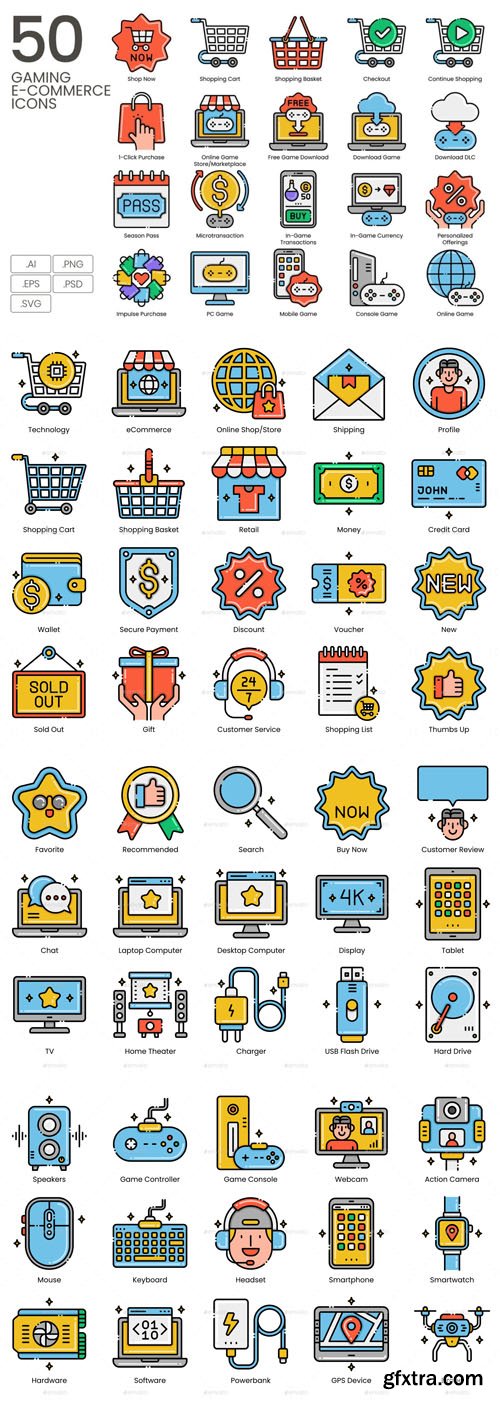 50 Gaming & Technology E-commerce Icons in Vector