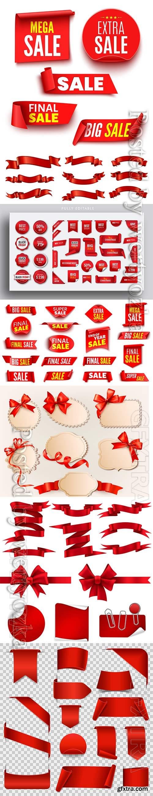 Red ribbon collection pack for event banners and price tag badges