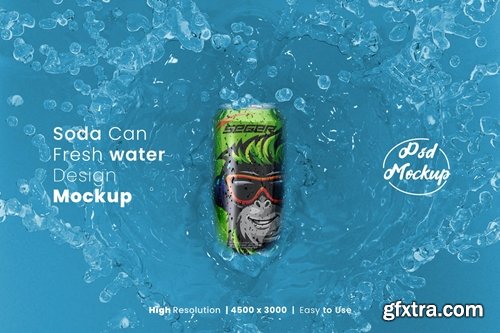 Soda can on water fresh logo mockup