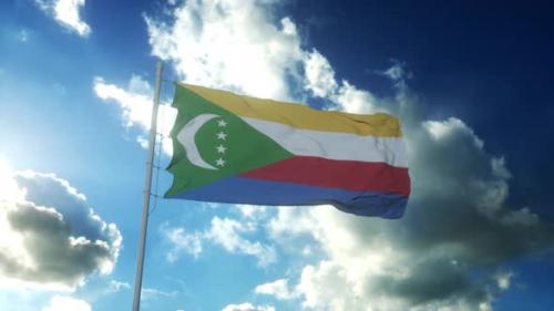 Videohive - Flag of Comoros Waving at Wind Against Beautiful Blue Sky - 34931029 - 34931029