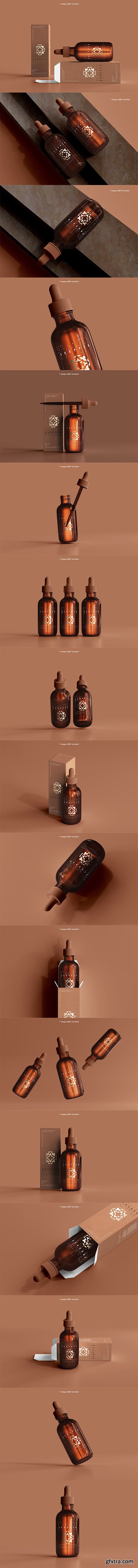 Amber glass dropper bottle and box mockup