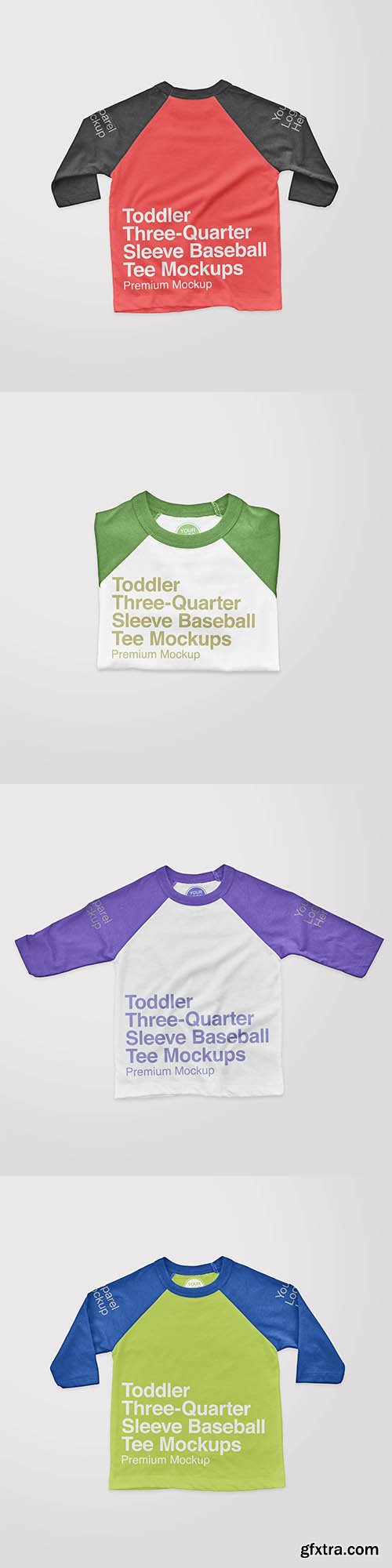 Toddler three quarter sleeve baseball tee folded mockups