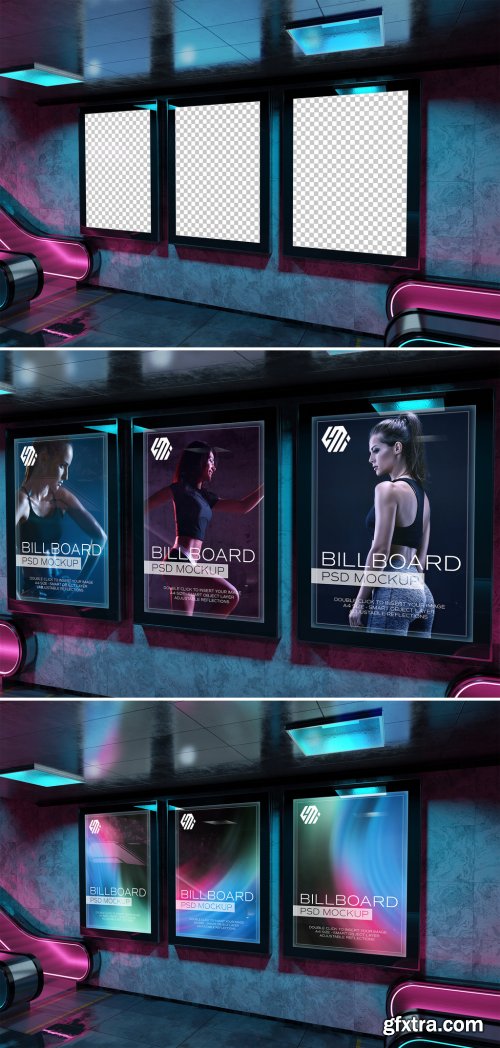 Billboards Mockup in Neon Style Underground Station 464129663