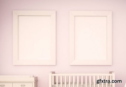 Two blank frames on pink baby room mockup