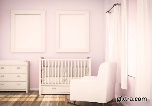 Two blank frames on pink baby room mockup