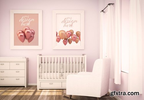 Two blank frames on pink baby room mockup