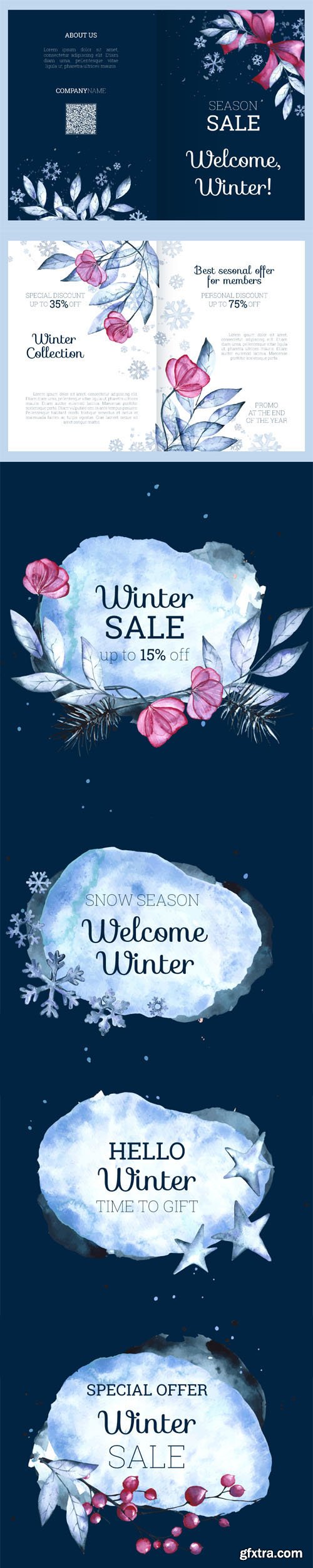 Watercolor Winter Sales Vector Templates Collection