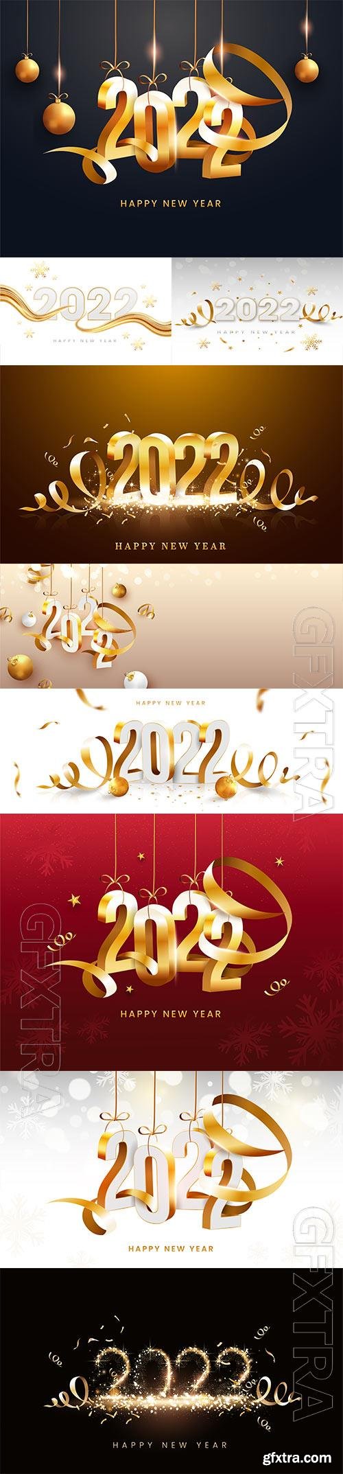 3d 2022 number hang with golden curl ribbons and baubles on peach bokeh background