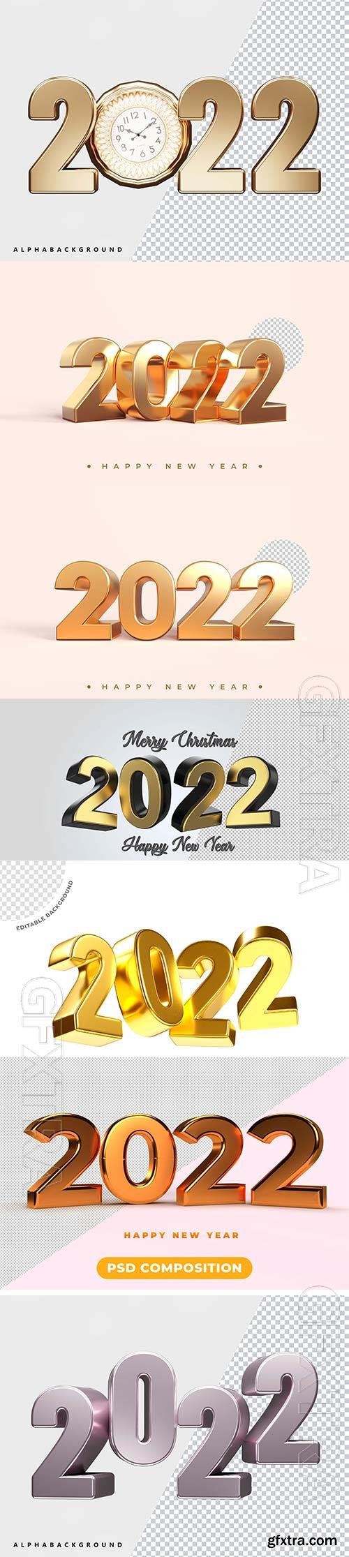 Psd Happy new year 2022 gold 3d rendering isolated on transparent background