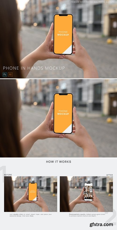 iPhone 12 Pro Max in Woman Hands on Street Mockup