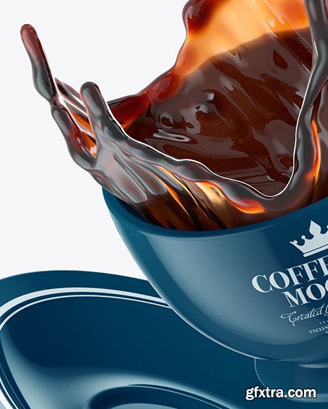 Glossy Coffee Cup and Saucer w/ Splash Mockup 89100