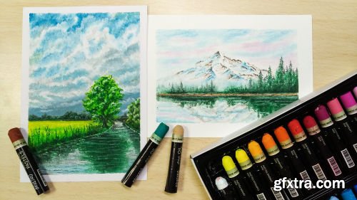 Oil Pastel Landscape with Reflections