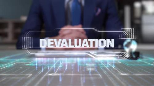 Videohive - Businessman Writing On Hologram Table Economics Word Devaluation - 35164889 - 35164889