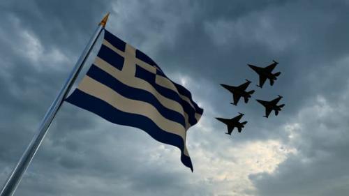 Videohive - Waving Greek Flag and Group of Warplanes Flying - 35185711 - 35185711