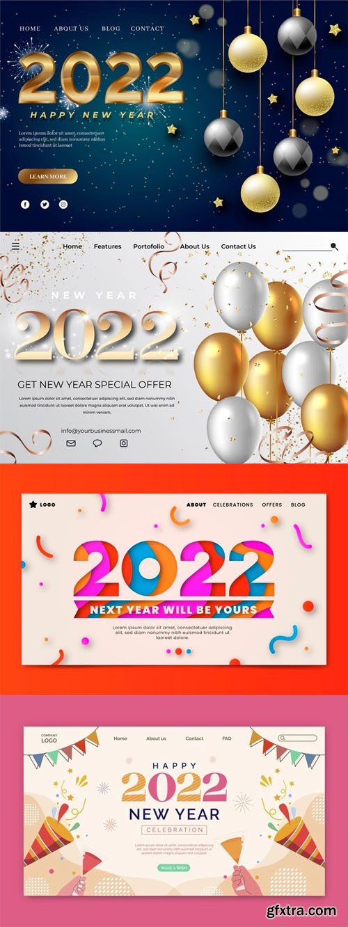 4 Realistic New Year 2022 Landing Page Vector Templates