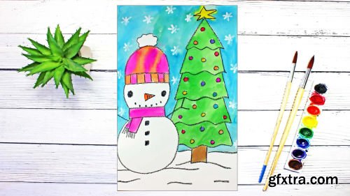 Art for Kids: How to Draw and Watercolor Paint a Snowman and His Christmas Tree