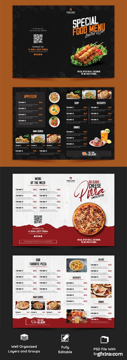 Restaurant Menu Bi-Fold Brochures PSD Templates