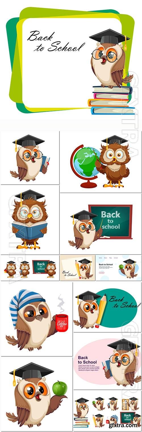 Cute wise owl set of three poses funny owl cartoon character back to school concept premium vector