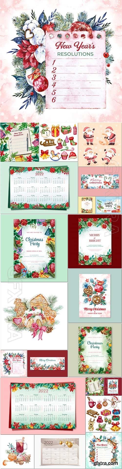 Hand drawn new year's elements, party flyer, calendar 2022  template vector collection