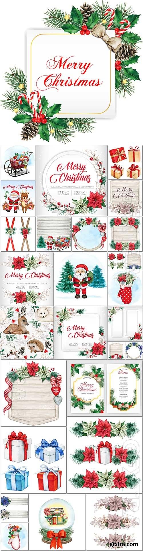 Hand drawn Merry christmas and happy new year poster vector