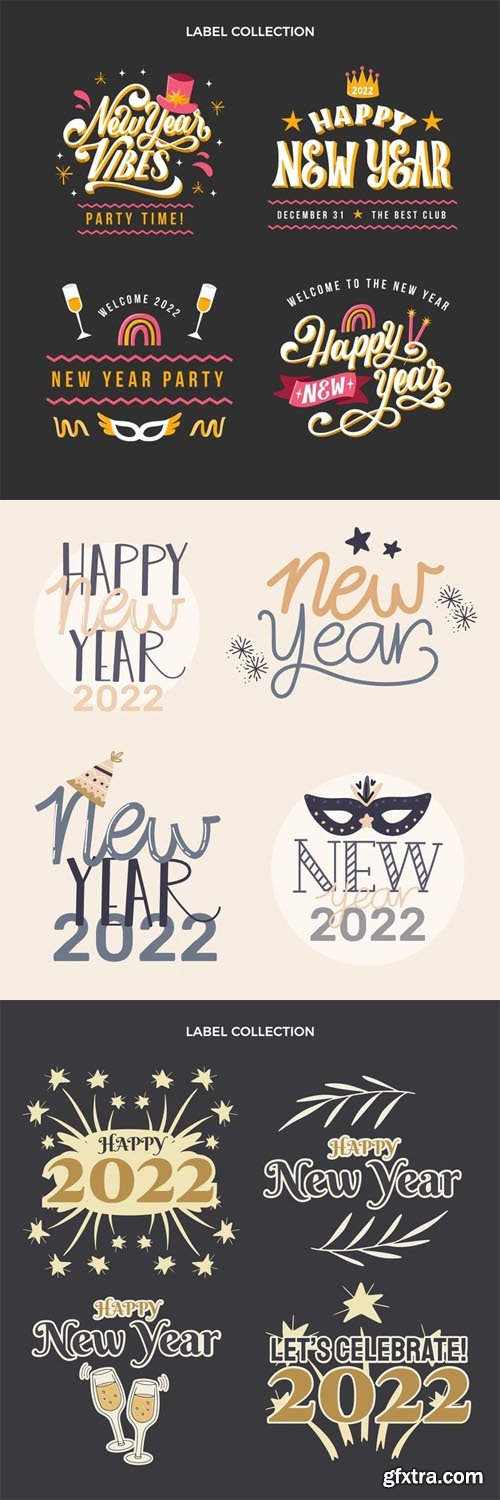 12 Hand Drawn Happy New Year 2022 Labels Vector Templates