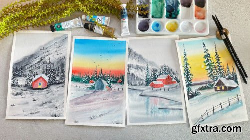 Learn How To Paint  Cabins in the Snow Using Watercolors