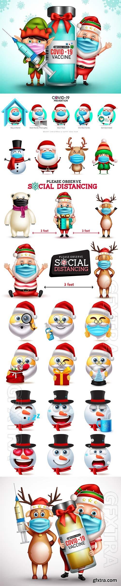 Christmas vaccine vector design christmas 3d santa claus and elf characters vector