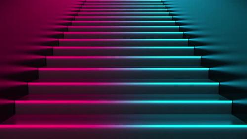 Videohive - Escalator with neon lights Abstract background with rolling stairs LOOP - 25225251 - 25225251