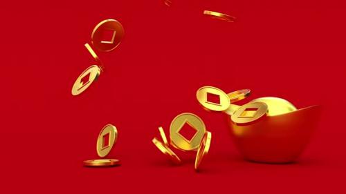 Videohive - Falling Chinese lucky golden 3d coins on the ingot. - 30336447 - 30336447