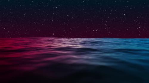 Videohive - Beautiful Ocean Under Blue And Red Night Sky Reflections With Falling Stars Loop 4k - 30636509 - 30636509