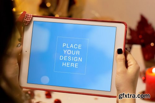 Christmas Mockup: iPad tablet on woman's hands