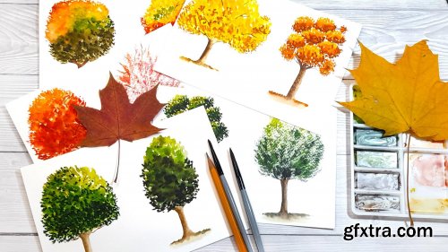  Learn How To Paint Watercolor Trees: Green And Fall Trees Step-By-Step With Different Shapes