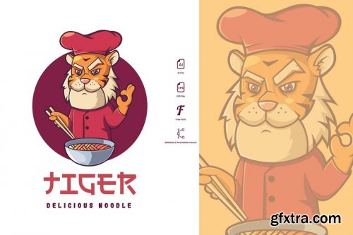 Tiger Chef With Noodle Mascot Logo