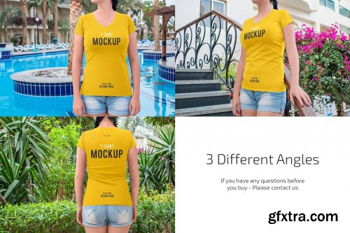 CreativeMarket - Women's V-Neck T-Shirt Mockup Set 6575059