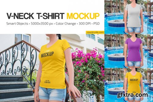 CreativeMarket - Women's V-Neck T-Shirt Mockup Set 6575059