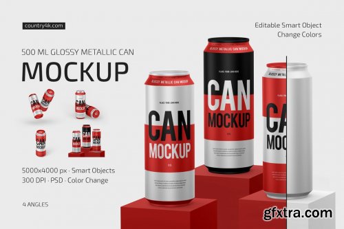 CreativeMarket - 500ml Glossy Metallic Can Mockup Set 6636136