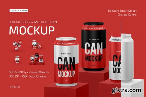 CreativeMarket - 330ml Glossy Metallic Can Mockup Set 6628876