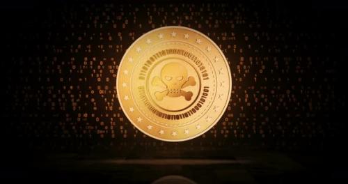 Videohive - Piracy skull cybercrime and hacking golden coin loop on digital background - 35279836 - 35279836