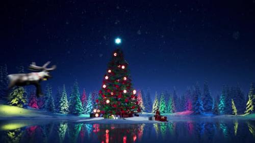 Videohive - Santa Riding Sleigh Around Christmas Tree 4K - 35279923 - 35279923