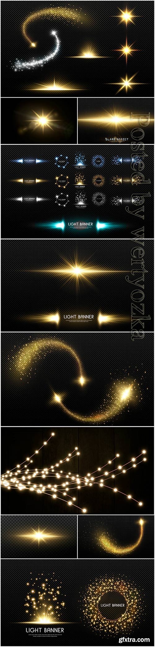 Golden light comet, magic light line, gold star vector element