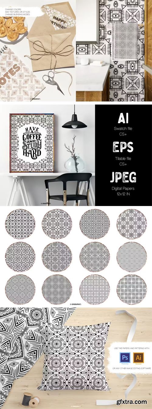 B&W Hand Drawn Patterns & Digital Papers Set - 12 Vector Patterns