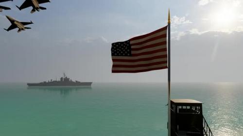 Videohive - Waving American Flag Warship and Passing Warplanes - 35466620 - 35466620