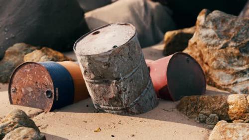Videohive - Old Oil Barrell on the Sand Beach - 35495473 - 35495473