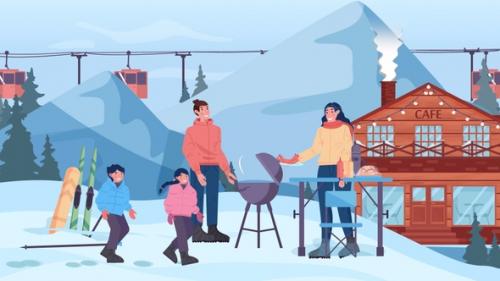 Videohive - Happy Family Enjoying Winter Vacations in Mountains - Preparing BBQ Hot Dog - Winter Resort - 35453411 - 35453411
