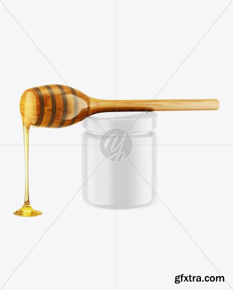 Glossy Honey Jar w/ Wooden Dipper Mockup 85664