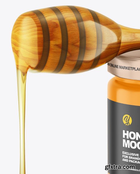 Glossy Honey Jar w/ Wooden Dipper Mockup 85664