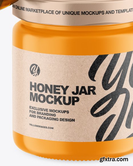 Glossy Honey Jar w/ Wooden Dipper Mockup 85664