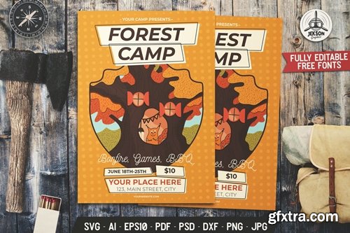 Forest Camp, Travel Poster with Squirrel and Tree